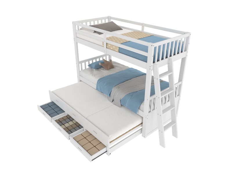  Modenvie lit superposé cabane 90x200 cm - avec lit gigogne et 3 tiroirs, sans matelas - blanc  - Conforama A