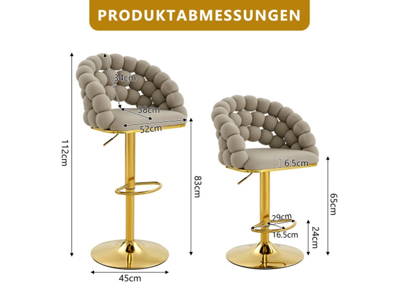  Lot de 2 tabourets de bar réglables, tabourets dorés et gris avec dossier en velours et structure en métal  - Conforama C