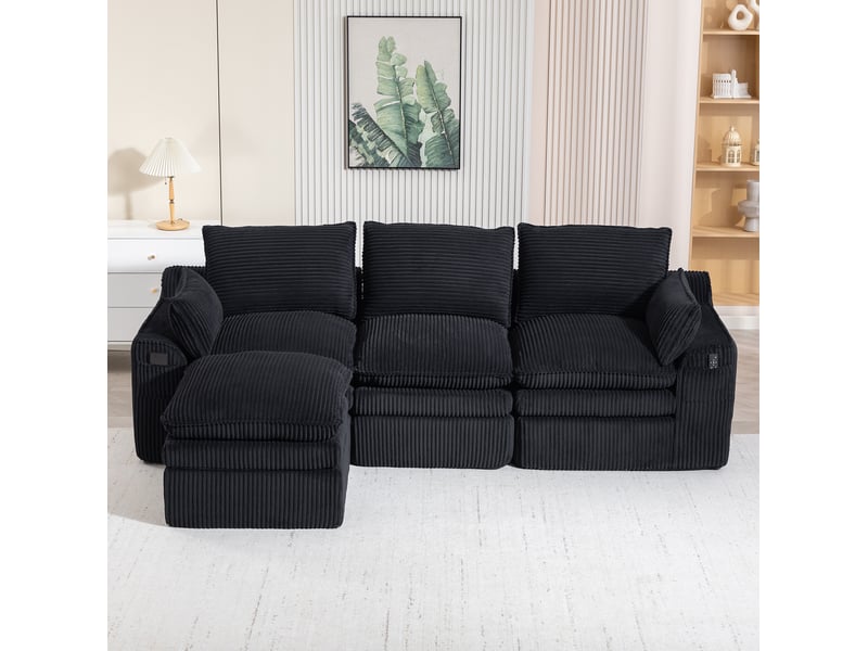 Canapé modulable 3 pl avec pouf 263x167x85 cm, coussins, poches de rangement latérales, adapté au salon, chambre, velours côtelé, noir - Conforama B