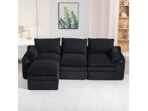 Canapé modulable 3 pl avec pouf 263x167x85 cm, coussins, poches de rangement latérales, adapté au salon, chambre, velours côtelé, noir