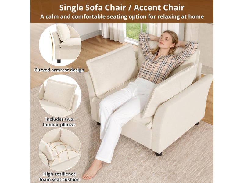  Fauteuil de salon moderne en chenille beige, siège de lecture confortable avec accoudoirs, chaise de détente pour petit espace &amp; bureau  - Conforama B