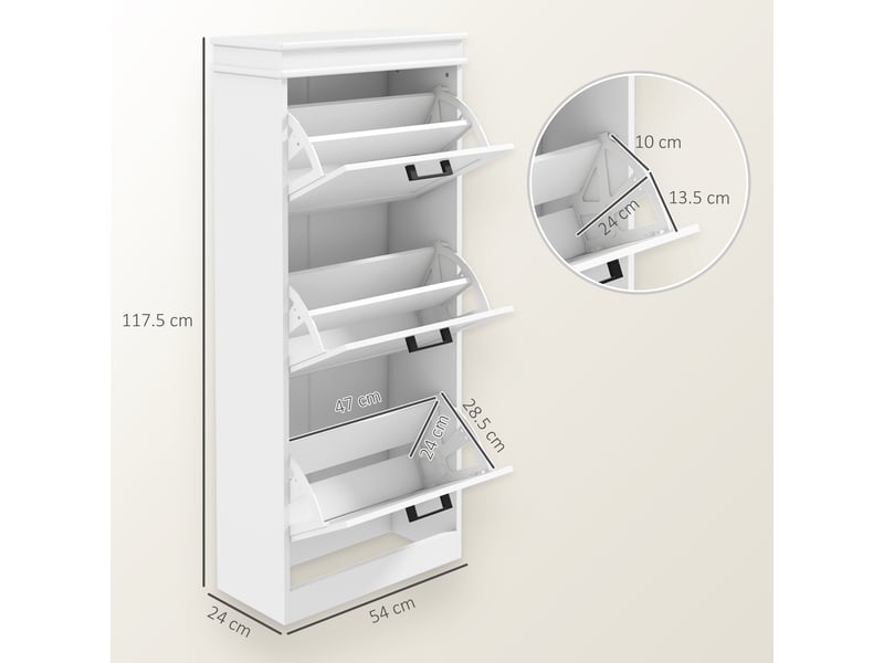  Meuble à chaussures moderne avec 3 tiroirs inclinables pour 15 paires de chaussures et étagère réglable, 54 x 24 x 117,5 cm, blanc  - Conforama D