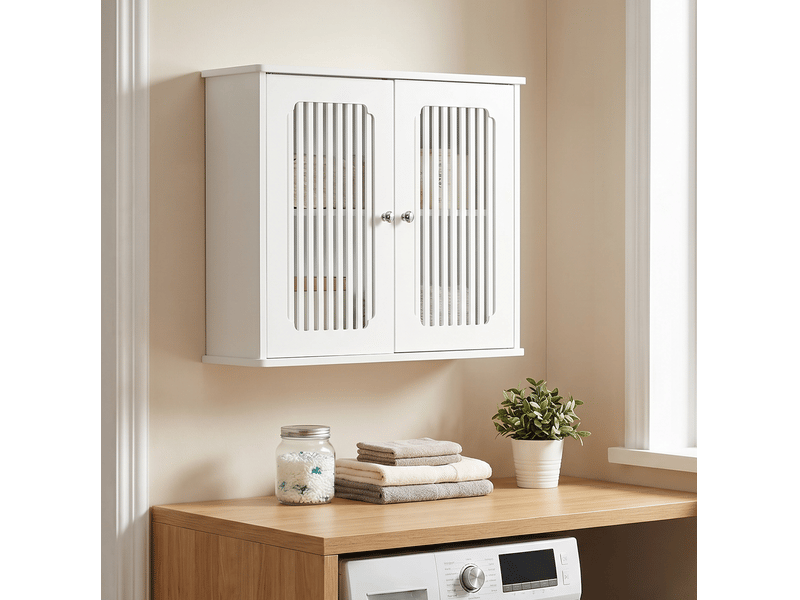  Armoire murale de salle de bain 60x20x52 cm 2 portes à lamelles mdf blanc  - Conforama C