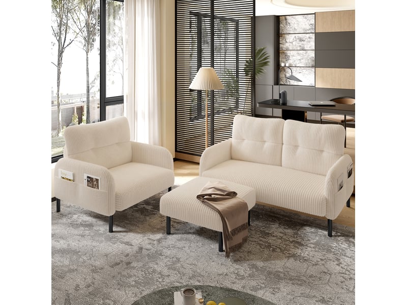  Pouf repose-pieds en velours côtelé beige 56 x 51 x 39 cm evryae  - Conforama C
