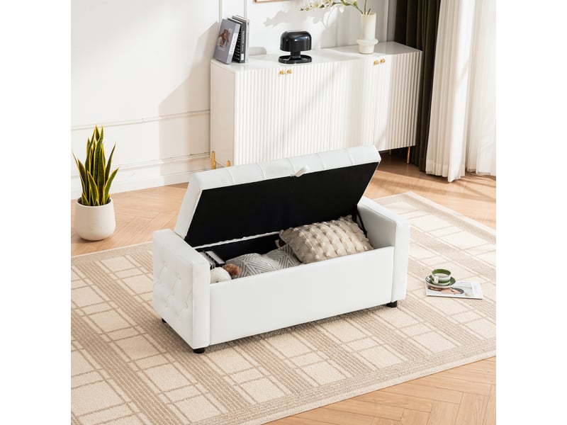  Banc coffre, banc de lit 122x45x47 cm, simili cuir, assise confortable, design simple, pour chambre et salon, blanc  - Conforama E