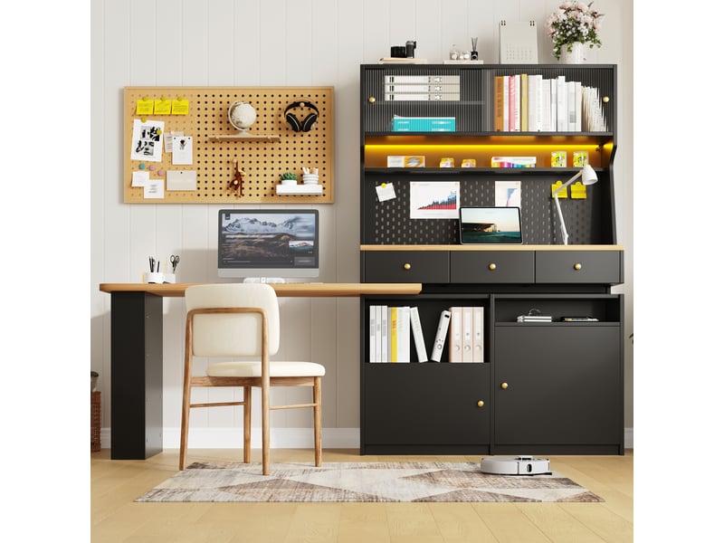  Meuble bureau multifonction 137x74x177,7 cm avec armoire haute, bureau escamotable, led connectée, portes vitrées et rangement réglable mdf noir OMNIGLINT TRADING LTD - Conforama E