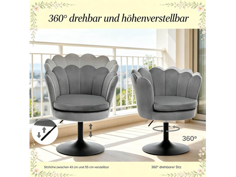 Fauteuil pivotant en forme de fleur, hauteur réglable et accoudoirs intégrés, en velours et métal gris foncé - Conforama E