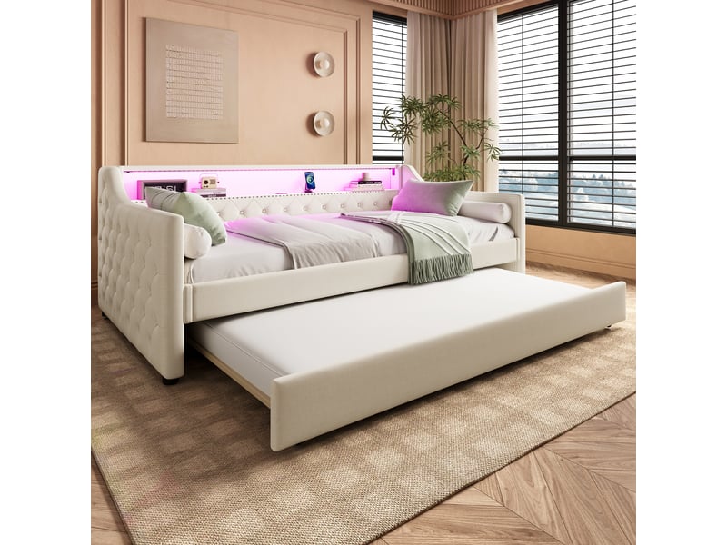  Lit de jour 90 x 200cm avec led, lit gigogne, usb, sans matelas, beige, lin, sommier à lattes, couchage supplémentaire  - Conforama D