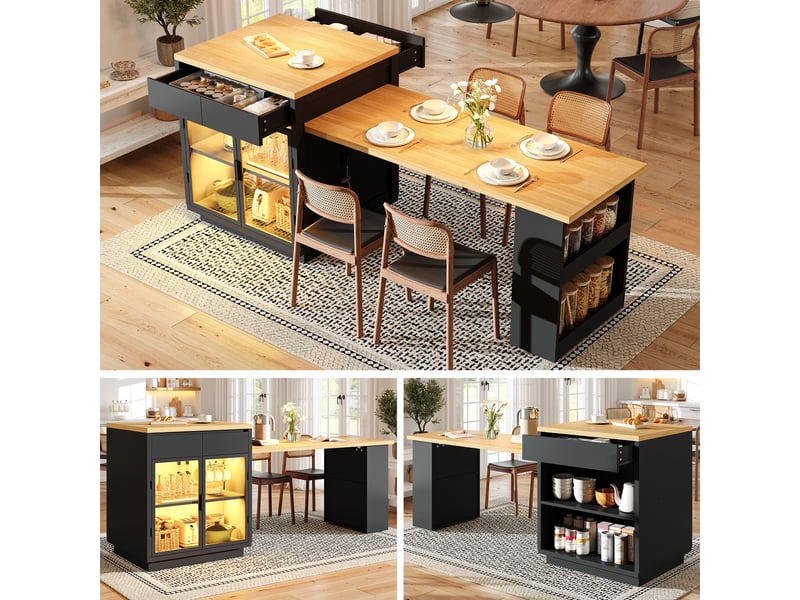  Îlot de cuisine extensible 122–194,5 x 70 x 94 cm, rgb led, vitrine en verre, 2 tiroirs et rangements pour 2 à 6 personnes, noir  - Conforama B