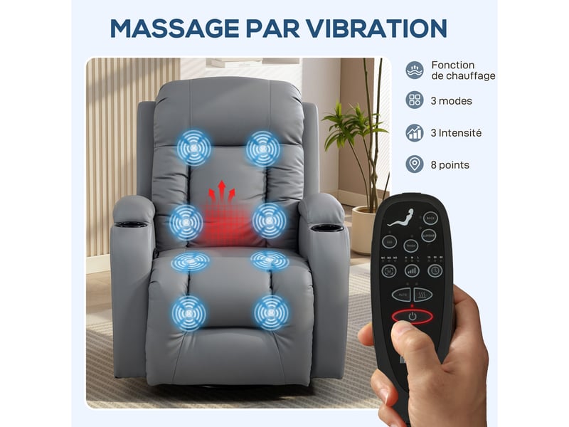 Fauteuil de massage chauffant inclinable repose-pieds ajustable télécommande gris - Conforama E