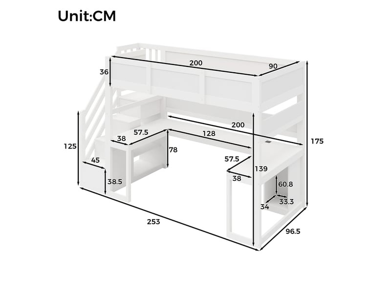 Lit mezzanine 90x200 cm avec bureau, rangements, led et usb blanc, sans matelas - Conforama C