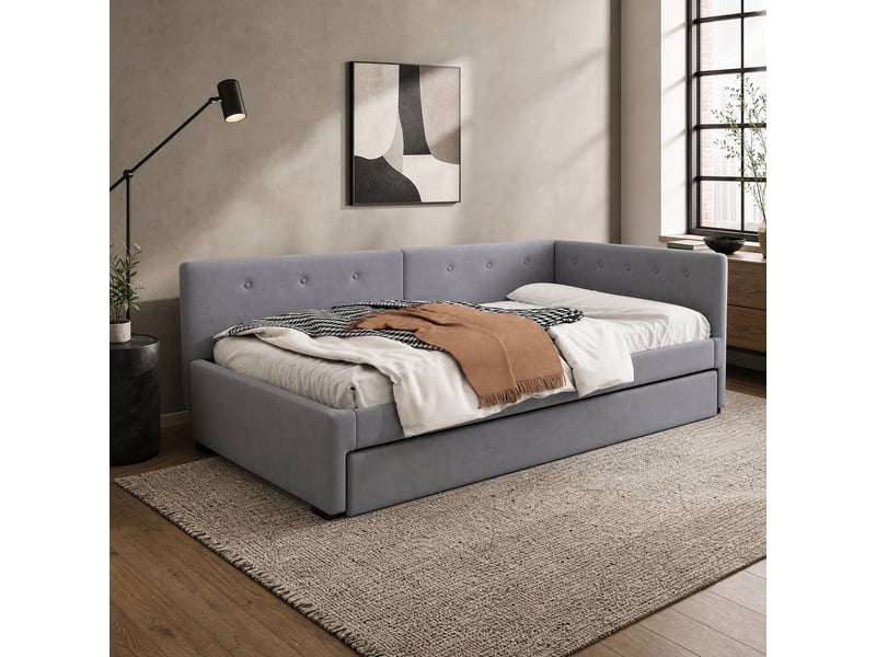  Lit gigogne 90x200 cm avec couchage d'appoint 90x190 cm en velours gris  - Conforama B