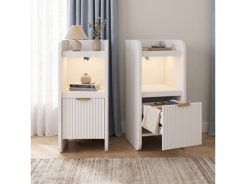  Lot de 2 tables de chevet 25x30x60cm, station de charge et led, 1 tiroir, bout de canapé en bois, style moderne, blanc  - Conforama B