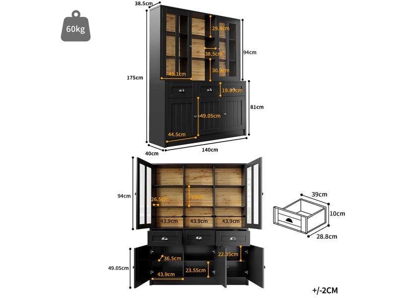  Buffet de cuisine 5 portes 3 tiroirs - 140 cm noir mdf buffet de cuisine noir - Conforama C