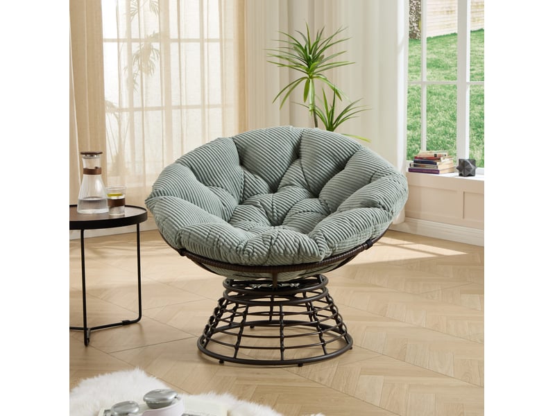  Fauteuil papasan pivotant 360° 92x67 cm en rotin pe marron avec coussin vert clair  - Conforama E