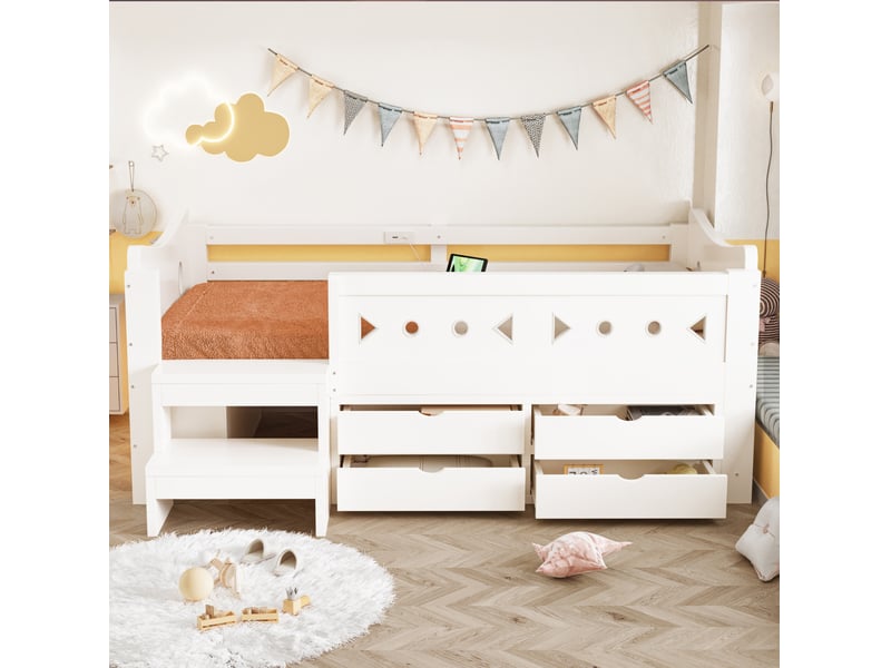  Lit enfant 90x200 cm avec rangements, led et ports usbtype-c blanc  - Conforama B