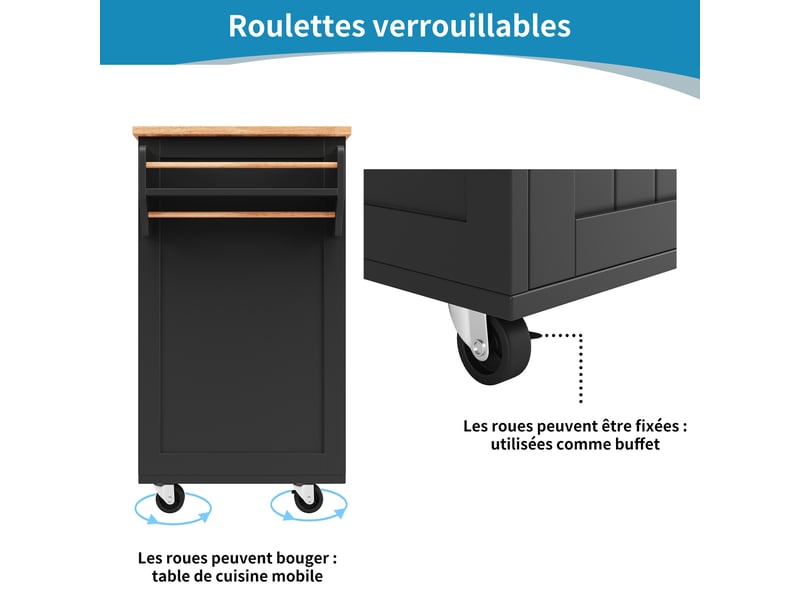  Desserte de cuisine avec étagères réglables, casier à bouteilles et roulettes verrouillables en mdf noir 102×45×92 cm  - Conforama E