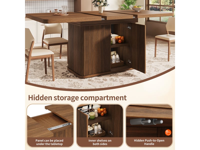  Table extensible avec rangement caché et plateau rabattable, en mdf et métal, pour salle à manger, marron  - Conforama E