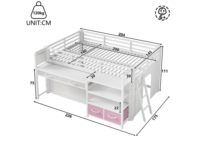  Lit mezzanine modenvie enfant 140 x 200 cm avec bureau rangement led métal mdf blanc  - Conforama C
