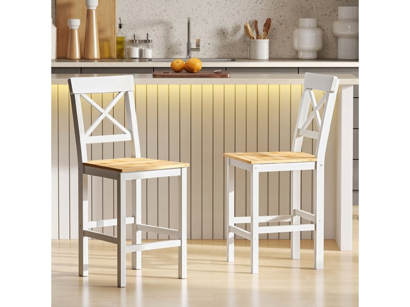  Tabourets de bar lot de 2 avec dossier croisé et repose-pieds  - style campagne, pin massif naturel  - Conforama C