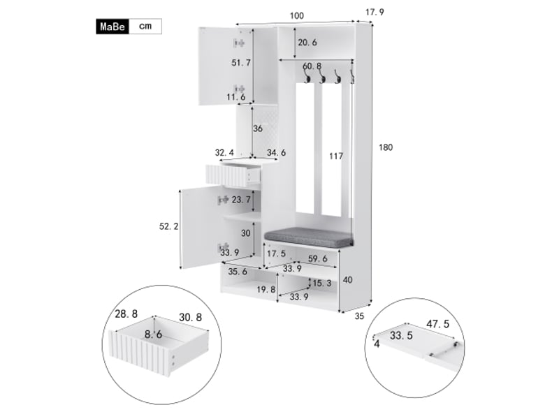  Garderobe d'entrée blanche avec banc – ensemble complet, 4 crochets, portes et tiroirs, 100×180×35 cm  - Conforama C