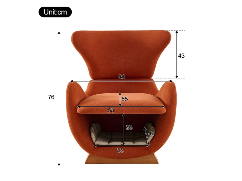  Fauteuil lounge moderne 66x55x76 cm, requin-baleine, niche intégrée, bois, tissu résistant anti-rayures rouge brique  - Conforama C