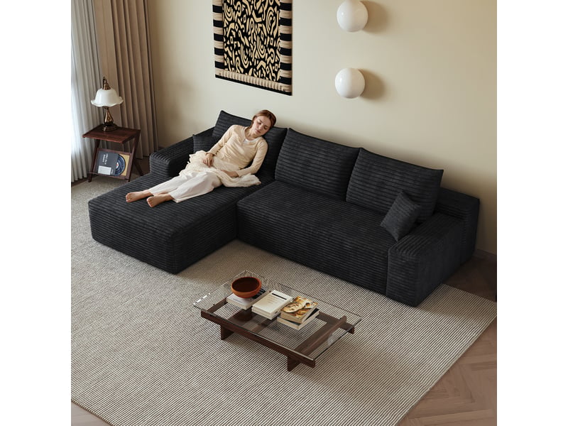  Canapé d'angle modulable noir avec méridienne, 270cm, assise profonde, sans montage, mousse compressée  - Conforama R