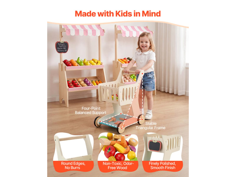  Vevor chariot courses pour enfants dès 3 ans chariot supermarché jouet en bois  - Conforama D