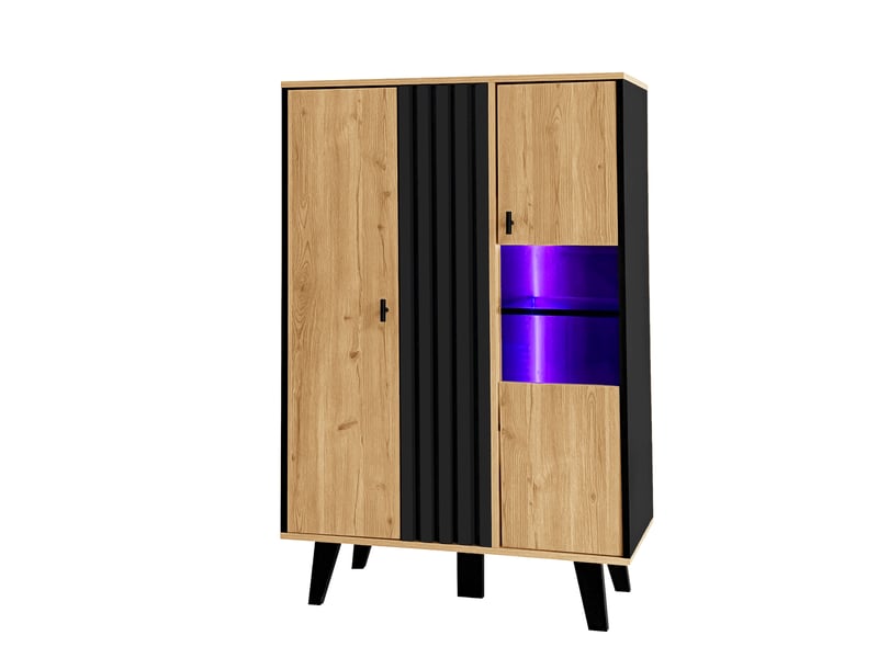  Buffet bois et noir 120 cm, vitrine avec éclairage led, 2 portes en verre, meuble de rangement  - Conforama D