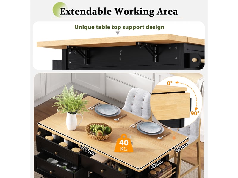 Desserte de cuisine à roulettes avec plateau rabattable, 2 portes et tiroirs, en mdf noir et effet bois clair - Conforama E