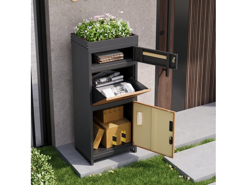 Boîte aux lettres pour colis 50x37x118,5 cm verrouillable métal gris et aspect bois - Conforama B