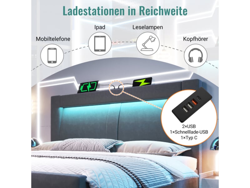 Lit double 160x200 avec rangements et levage hydraulique, led app, usb-c, velours gris, tête incurvée, sans matelas - Conforama D