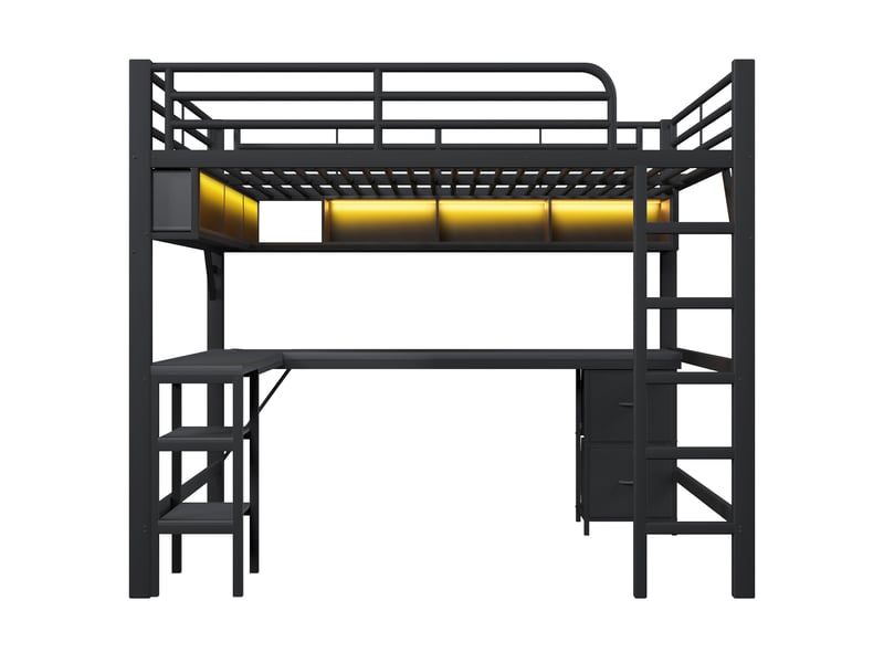 Lit mezzanine gamer 140 x 200 cm, métal, bibliothèque, bureau, armoire, usb, led, noir - Conforama E