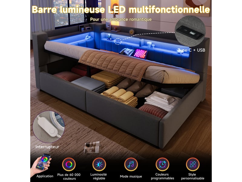 Lit coffre hydraulique 90x200 cm avec led et usb-c, tissu lin gris, structure mdf, sans matelas - Conforama D