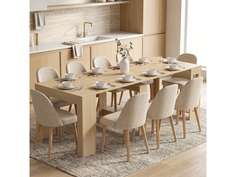 Table de salle à manger extensible pour petits espaces, transformable en console, 10 couverts, aspect bois brun clair - Conforama C