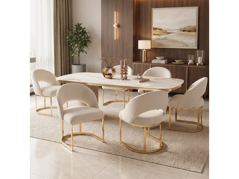 Chaises de salle à manger 6 pièces confortables respirantes style moderne pieds dorés boucle beige doré - Conforama B