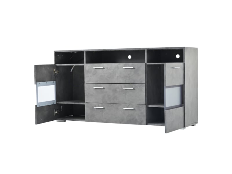 Buffet gris 140x33,5x72,5 cm avec led, 2 portes, 3 tiroirs et 3 compartiments ouverts, en bois - Conforama A