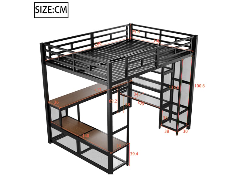  Lit mezzanine 140x200 cm noir en métal et mdf avec bureau, led et usb  - Conforama C