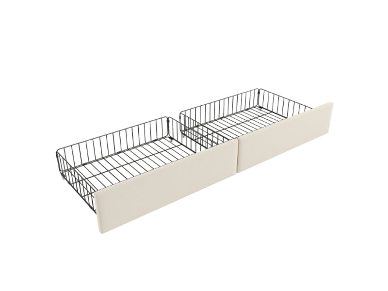  Lit tapissé beige 90x190 avec rangements et sommier à lattes – canapé-lit de jour, tiroirs, sans matelas  - Conforama E
