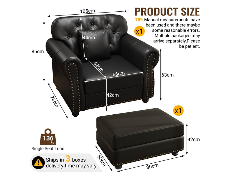  Fauteuil chesterfield avec repose-pieds et coussin noir evryae  - Conforama E