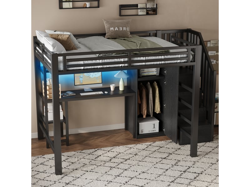 Lit mezzanine 140x200 cm noir, avec bureau, rangements, penderie, led, escalier de rangement, structure métal, sommier inclus, sans matelas - Conforama R