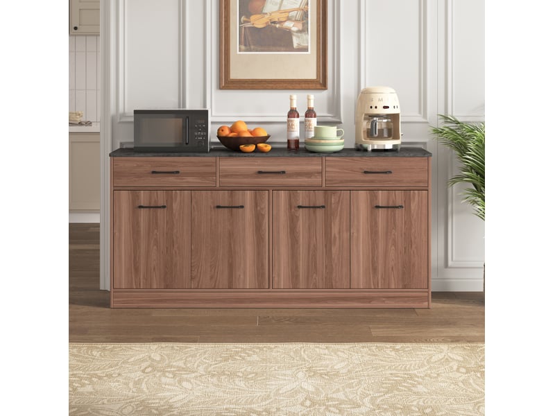  Buffet de cuisine 160 x 37 x 76,5 cm couleur noyer en mdf, 3 tiroirs et 2 rangements avec étagères  - Conforama D