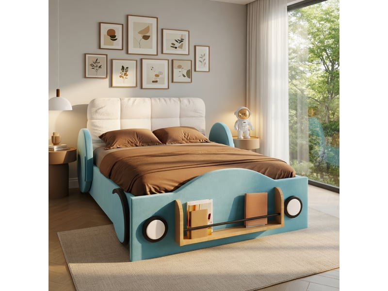  Lit d'enfant 90 x 200, rangement hydraulique, poches latérales et étagères, velours, bleu  - Conforama B