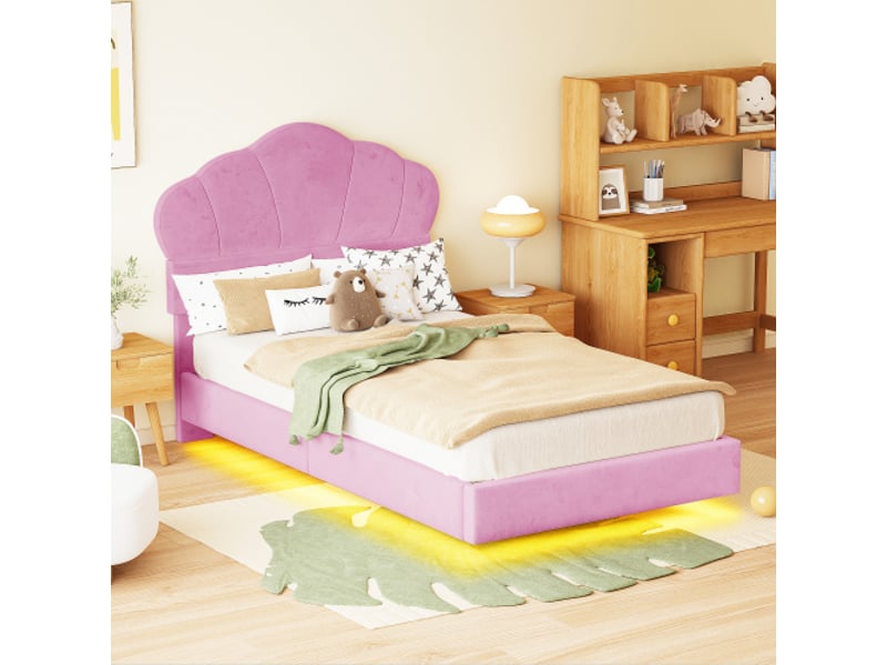  Lit enfant 90x200 cm, lit simple avec éclairage led et pied de lit caché, en velours, rose, sans matelas  - Conforama C