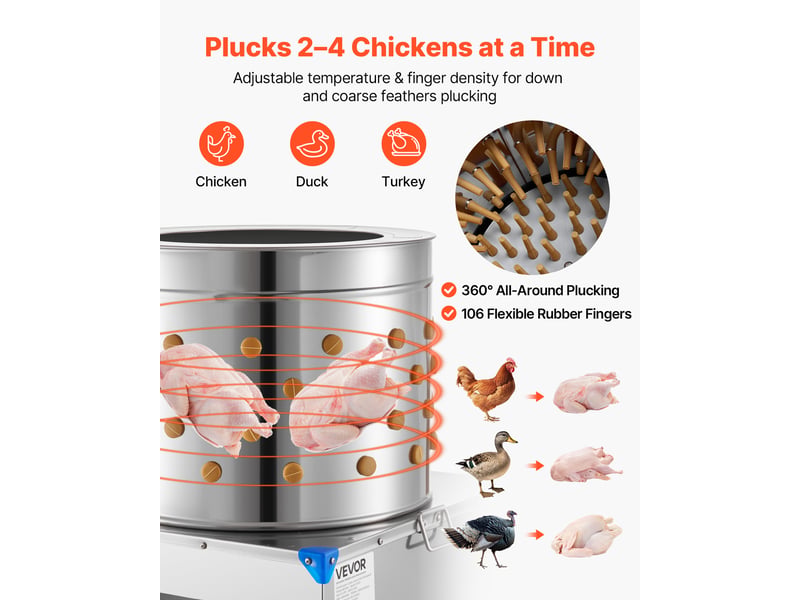  Vevor plumeuse volaille électrique 1500 w tambour acier inox 50 cm 106 doigts  - Conforama B