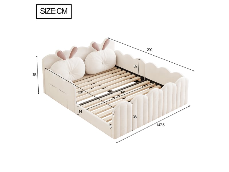 Lit enfant rembourré 140x200 cm avec barrières de sécurité, tête de lit avec coussin lapin, structure en pin et mdf, beige - Conforama C