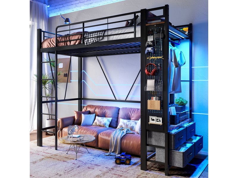  Lit mezzanine 90 x 200cm, structure métal, 4 tiroirs, étagères, led, usb type-c, échelle, sans matelas, noir  - Conforama E