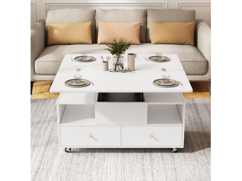  Table basse à hauteur réglable avec plateau pliant et 4 tiroirs blanche 100 x 50 x 47,5 cm  - Conforama C