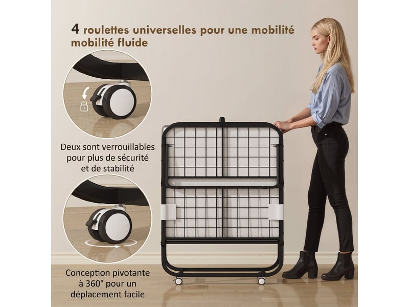 Lit pliant 1 personne 200 x 90 cm avec matelas, lit d'appoint pliable et portable sur roulettes, cadre en acier, blanc - Conforama W