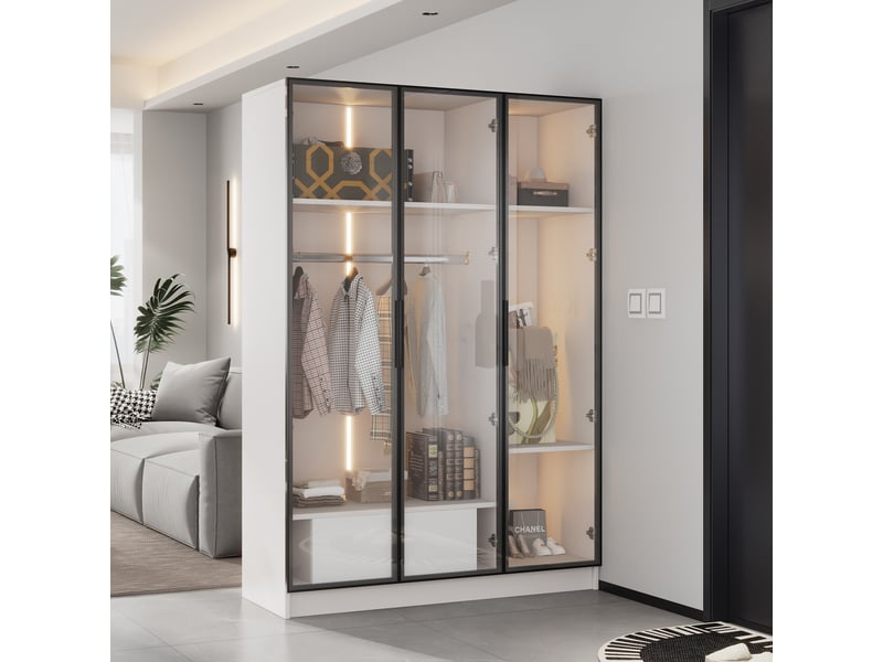  Lit capitonné 160x200 cm avec sommier à lattes et rangement, cadre en simili blanc, bandeau led intégré, lit coffre sans matelas  - Conforama D